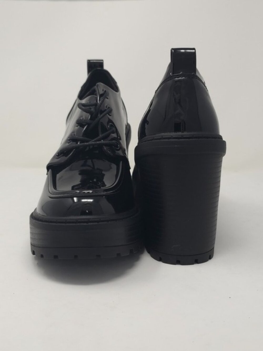 Black Patent Platform Oxford Heels Chunky Lug Sole Lace Up Trendy - Picture 4 of 10